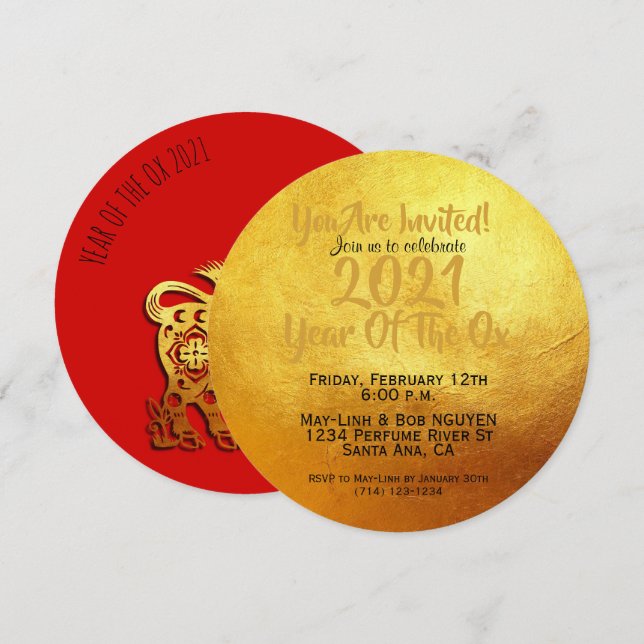 Red Golden Ox Papercut Chinese New Year 2021 RInv Invitation (Front/Back)
