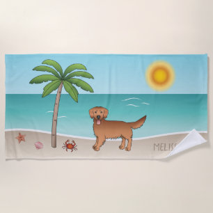 Red Golden Retriever At A Tropical Summer Beach - Towel