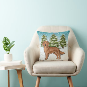 Red Golden Retriever Blue Winter Christmas Cushion