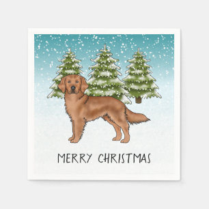 Red Golden Retriever Blue Winter Christmas Napkin