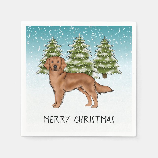 Red Golden Retriever Blue Winter Christmas Napkin (Front)