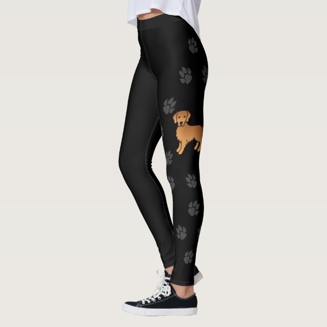 Red Golden Retriever Cartoon Dog & Paws Black Leggings (Left)