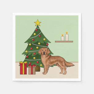 Red Golden Retriever Dog And Green Christmas Tree Napkin