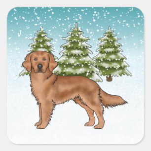Red Golden Retriever Dog Blue Snowy Christmas Square Sticker