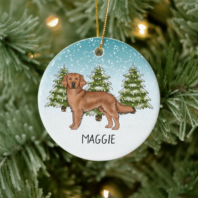 Red Golden Retriever Dog Custom Name Christmas Ceramic Ornament (Tree)