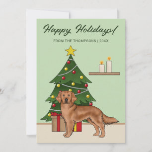 Red Golden Retriever Dog Green Christmas Tree Holiday Card