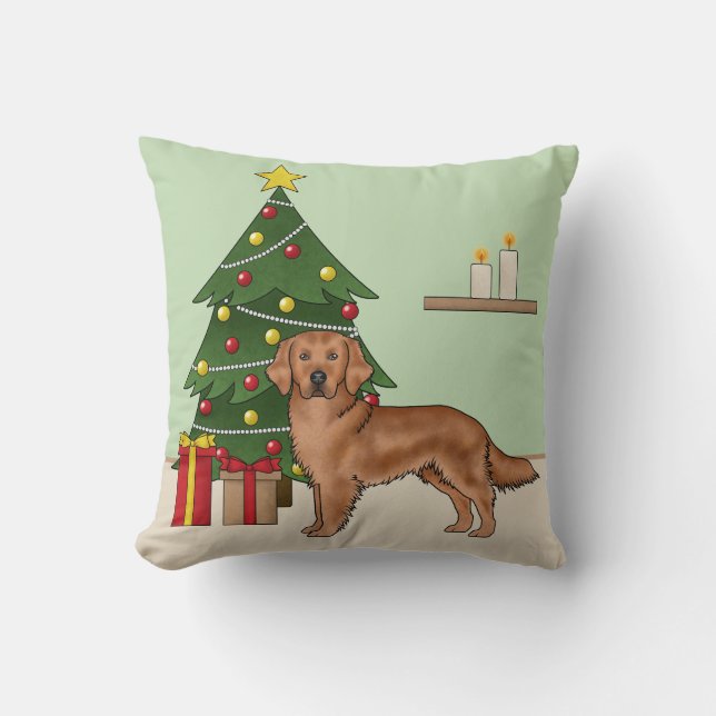 Red Golden Retriever Dog With Christmas Tree Cushion (Front)