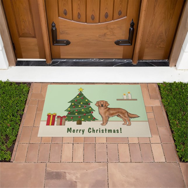 Red Golden Retriever Dog With Christmas Tree Doormat (Outdoor)