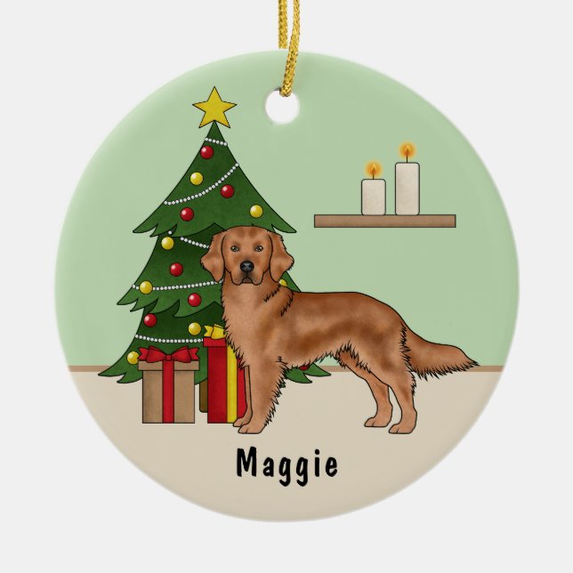 Red Golden Retriever Dog With Christmas Tree Green Ceramic Ornament (Front)