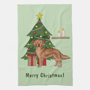 Red Golden Retriever Dog With Christmas Tree Tea Towel