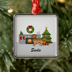 Red Golden Retriever In Festive Room & Name Metal Ornament