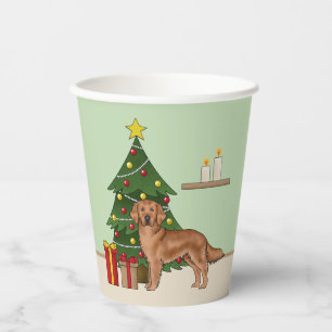Red Golden Retriever With Christmas Tree Green Paper Cups