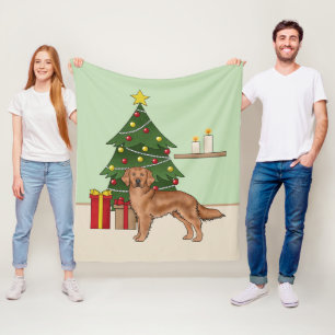 Red Golden Retriever With Green Christmas Tree Fleece Blanket