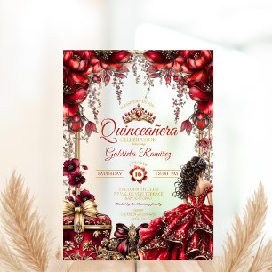 Red Golden Tiara Floral  Quinceañera Acrylic Invitations