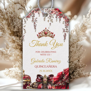 Red Golden Tiara Floral Quinceañera Gift Tags