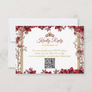 Red Golden Tiara Floral Quinceañera RSVP Card