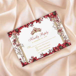 Red Golden Tiara Floral Quinceañera RSVP Card