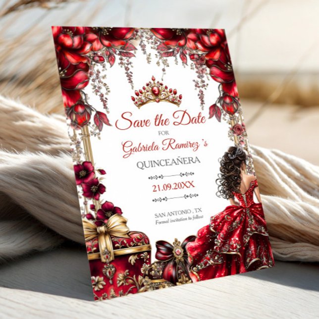 Red Golden Tiara Floral Quinceañera Save The Date (Creator Uploaded)