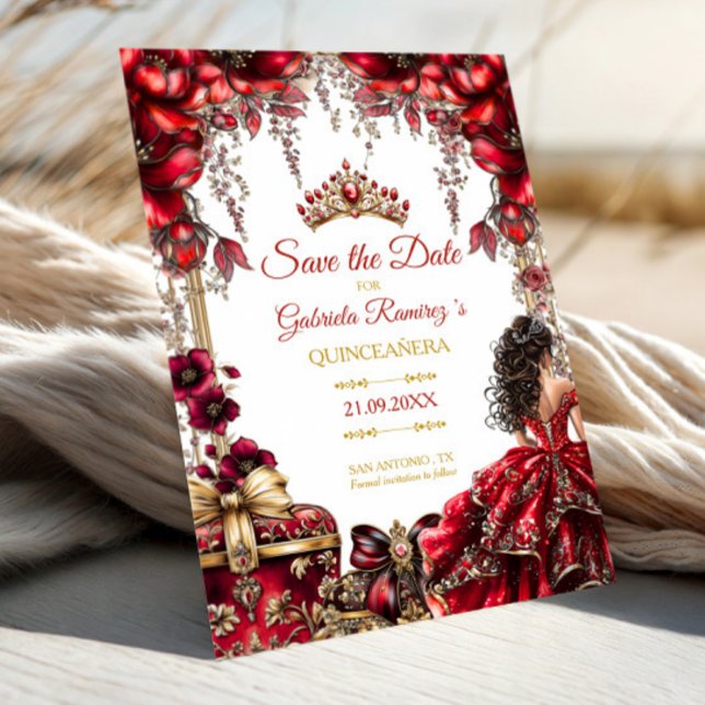 Red Golden Tiara Floral Quinceañera Save The Date (Creator Uploaded)