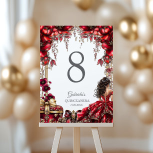 Red Golden Tiara Floral Quinceañera Table Number