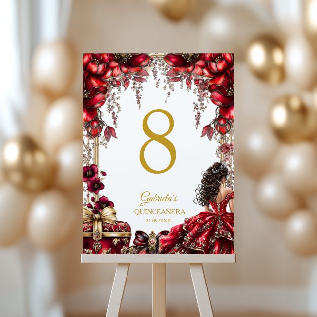 Red Golden Tiara Floral Quinceañera  Table Number (Creator Uploaded)