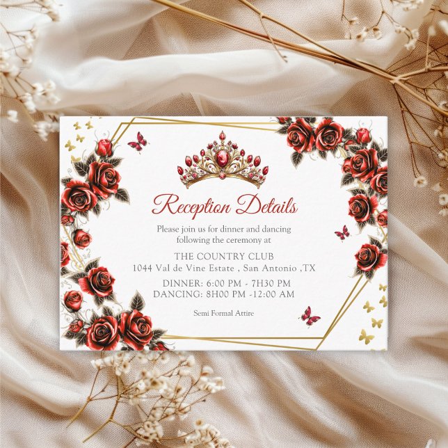 Red Golden Tiara Roses Butterflies Quinceañera Enclosure Card (Creator Uploaded)