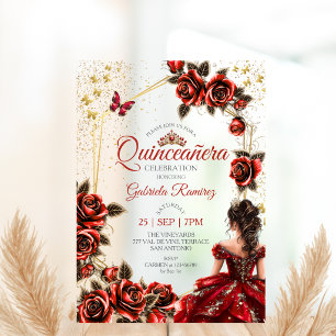 Red Golden Tiara Roses Butterfly Quinceañera Acrylic Invitations