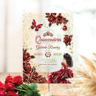 Red Golden Tiara Roses Butterfly Quinceañera Acrylic Invitations