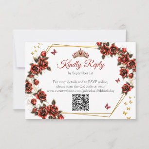 Red Golden Tiara Roses Butterfly Quinceañera RSVP Card