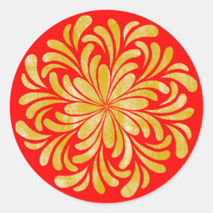 Red Golden Yellow Floral Chinese New Year Classic Round Sticker