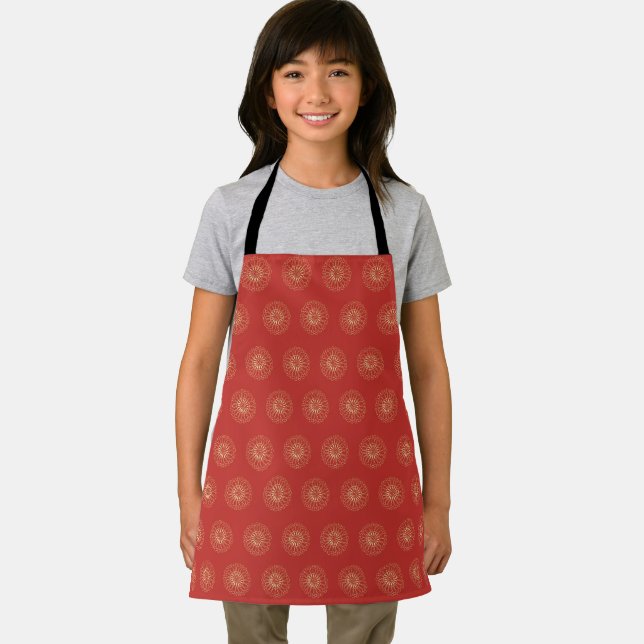 Red | Golden Zinnia Flower Medallions Apron (Insitu)