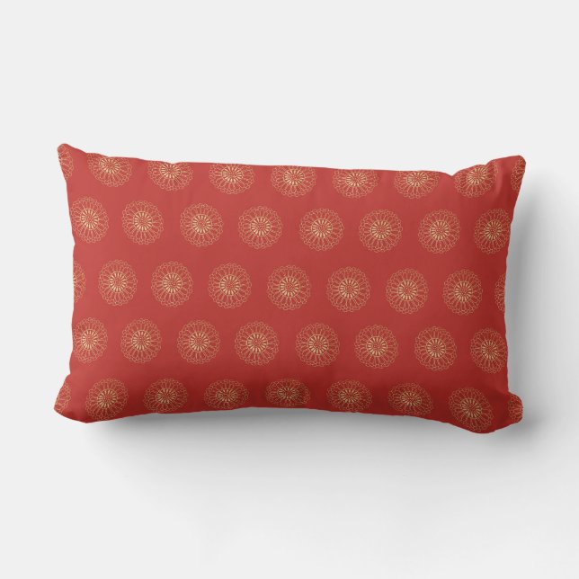 Red | Golden Zinnia Flower Medallions Lumbar Cushion (Back)