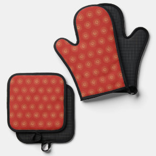Red Golden Zinnia Flower Medallions Oven Mitt & Pot Holder Set