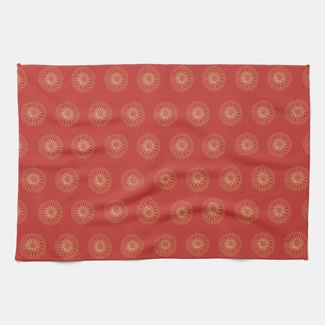Red | Golden Zinnia Flower Medallions Tea Towel (Horizontal)
