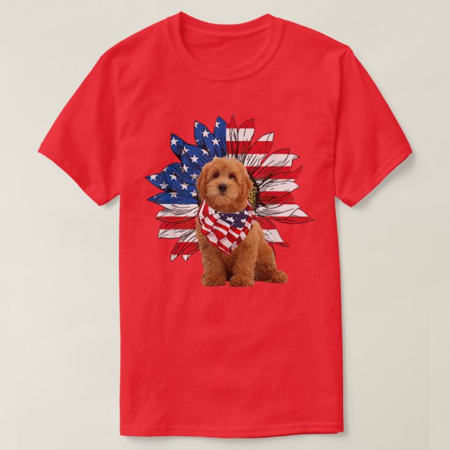 Red Goldendoodle Sunflower American Flag Independe T-Shirt (Design Front)