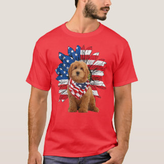 Red Goldendoodle Sunflower American Flag Independe T-Shirt