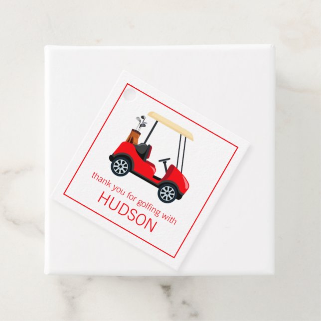 Red Golf Cart Personalised Favour Tags (In Situ)