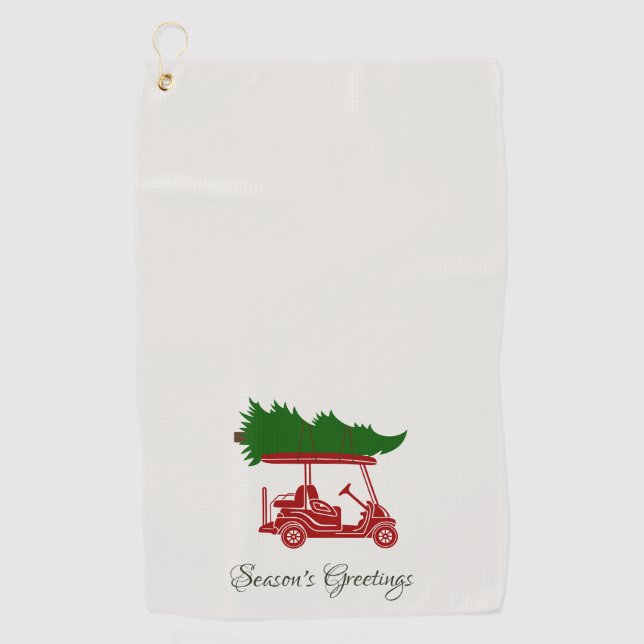 Red Golf Cart with Christmas Tree | Alabaster Golf Towel (Front)