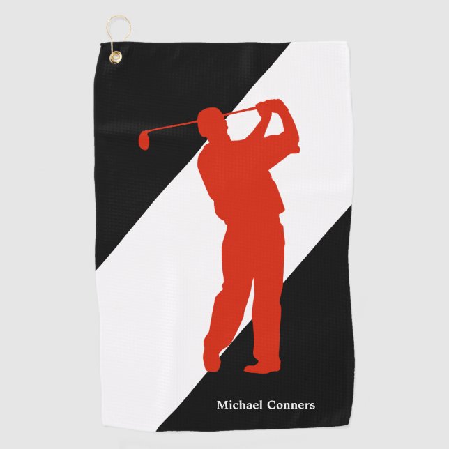 Red Golfer on Black White Golf Towel (Front)