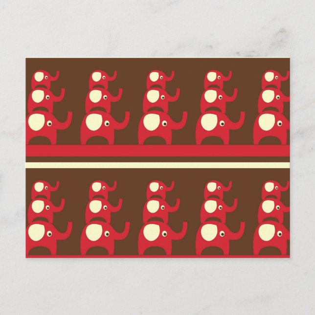 Red good luck elephants pattern print postcard (Front)