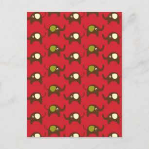 Red good luck elephants pattern print postcard