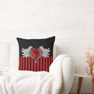 Red Goth Heart with Angel Wings Throw Pillow