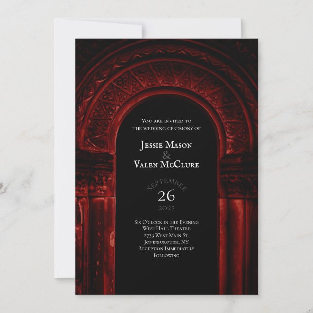 Red Gothic Arch Elegant Wedding Dark Black Invitation (Front)