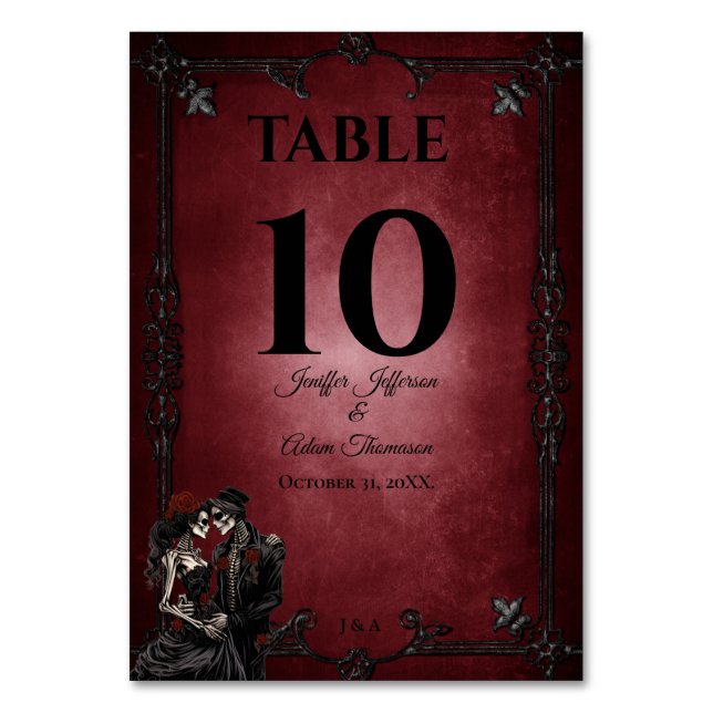 Red Gothic Halloween Alternative Wedding Table Number (Front)