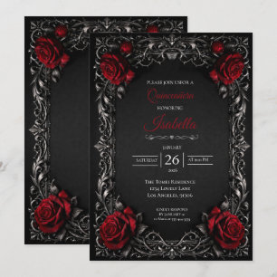 Red Gothic Halloween Floral Quinceanera Invitat Invitation