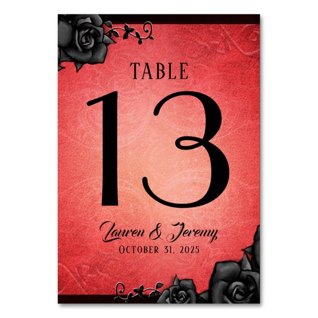 Red Gothic Halloween Wedding Table Cards (Front)