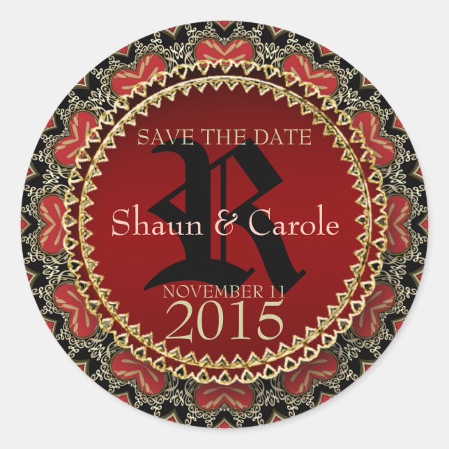 Red Gothic Hearts Monogram Save the Date Sticker (Front)