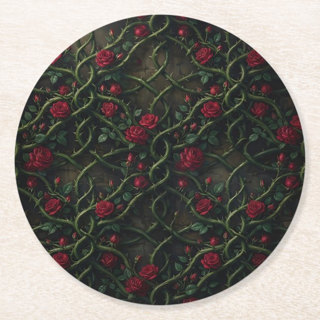 Red Gothic Rose Round Paper Coaster (Front)