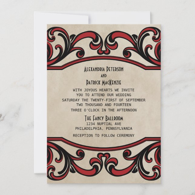 Red Gothic Swirls Wedding Invite (Front)