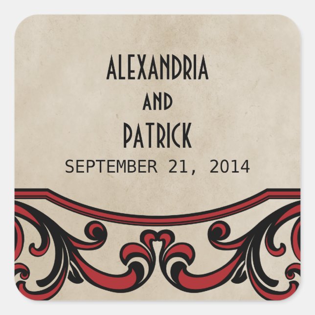Red Gothic Swirls Wedding Stickers (Front)